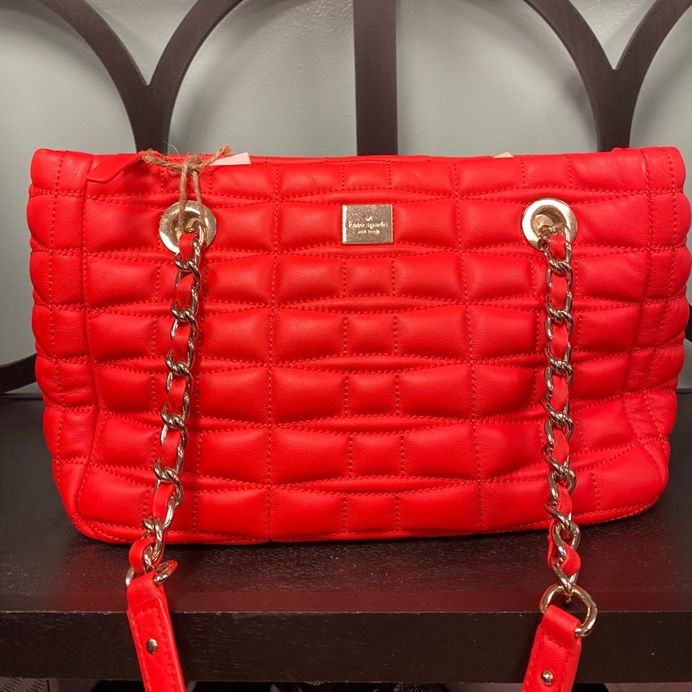 kate spade Red Quilted Chain-Handle Satchel with Gold Hardware